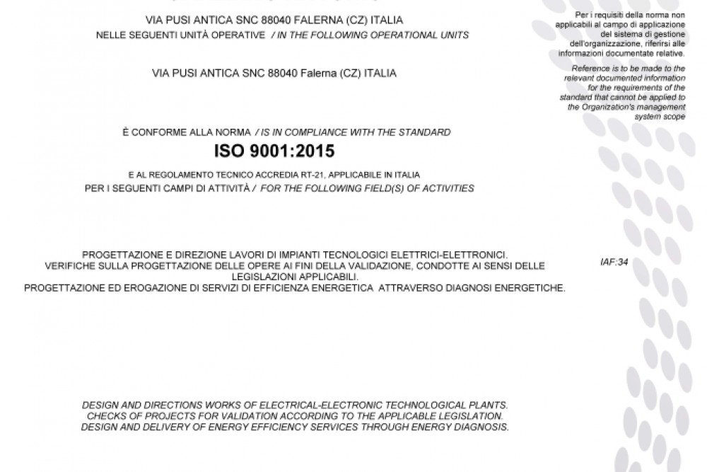 Certificato Qualità ISO 9001:2015 - Graziano Ingegneria