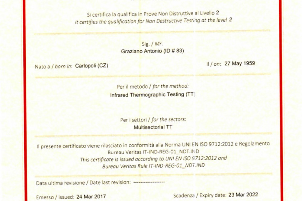 Certificato Termografia: Operatore Termografico Certificato 2° Livello UNI EN ISO 9712